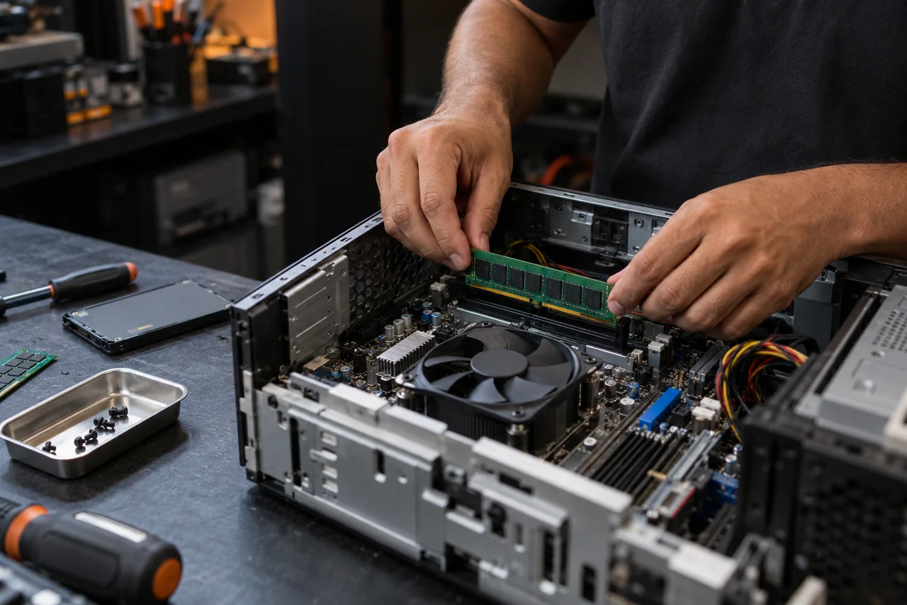 Mãos de técnico avaliando computador de mesa aberto em bancada de assistência técnica.