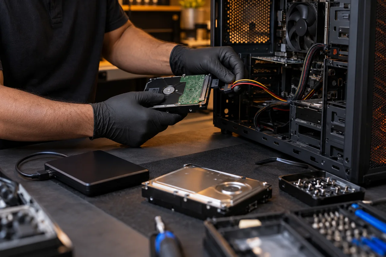 Mãos de técnico avaliando computador de mesa aberto em bancada de assistência técnica.