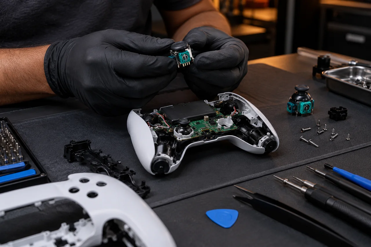 Mãos de técnico avaliando controle de videogame aberto em bancada de assistência técnica.