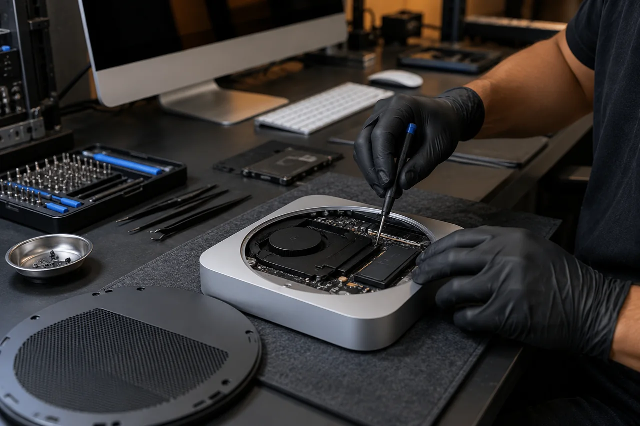 Mãos de técnico avaliando Mac mini aberto em bancada.