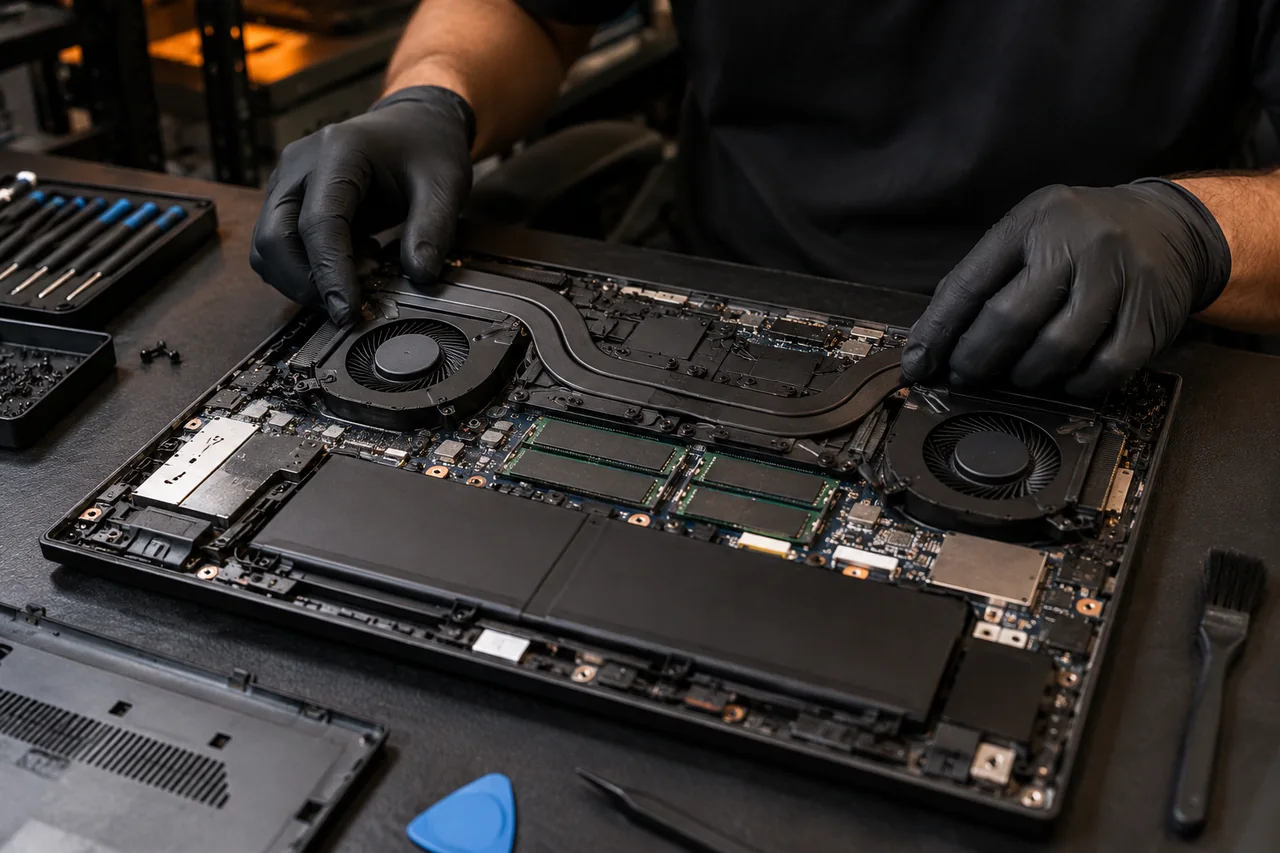 Mãos de técnico avaliando notebook gamer aberto em bancada de assistência técnica.