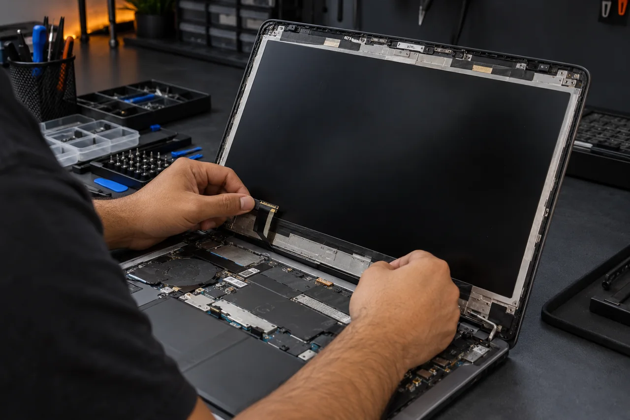 Mãos de técnico avaliando notebook aberto em bancada de assistência técnica.