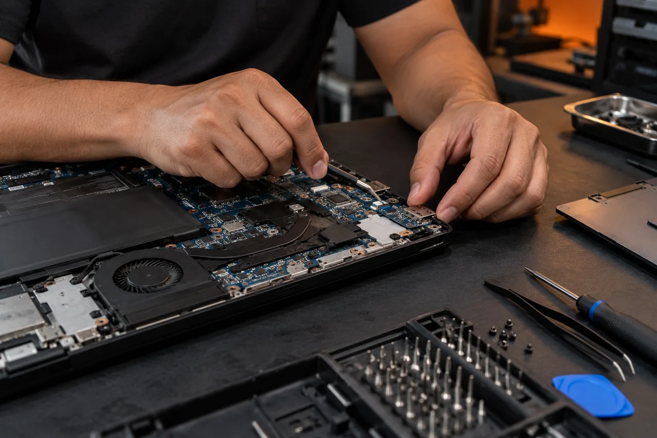 Mãos de técnico avaliando notebook aberto em bancada de assistência técnica.