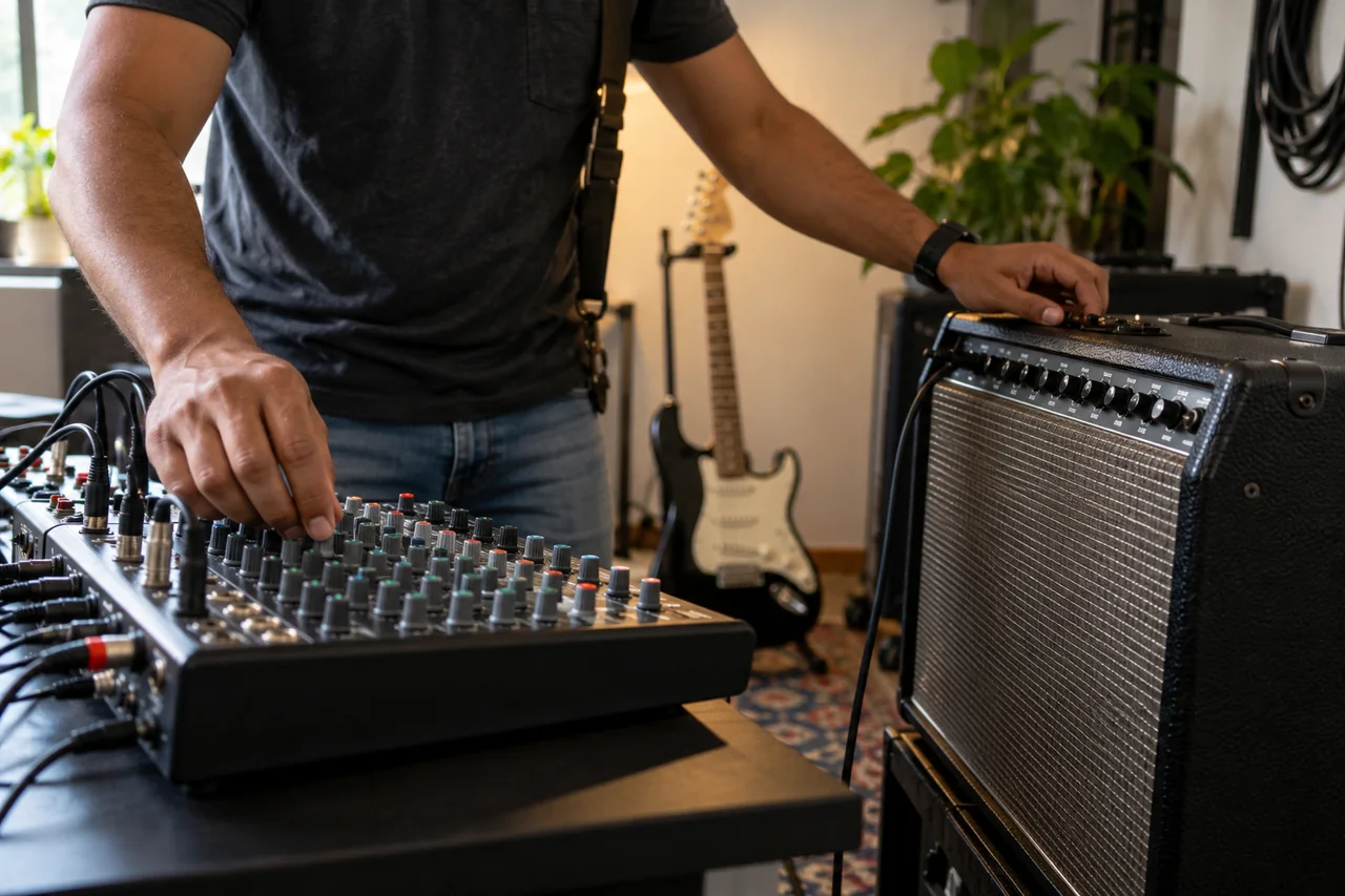 Amplificador e mesa de som em um ambiente de uso cotidiano.