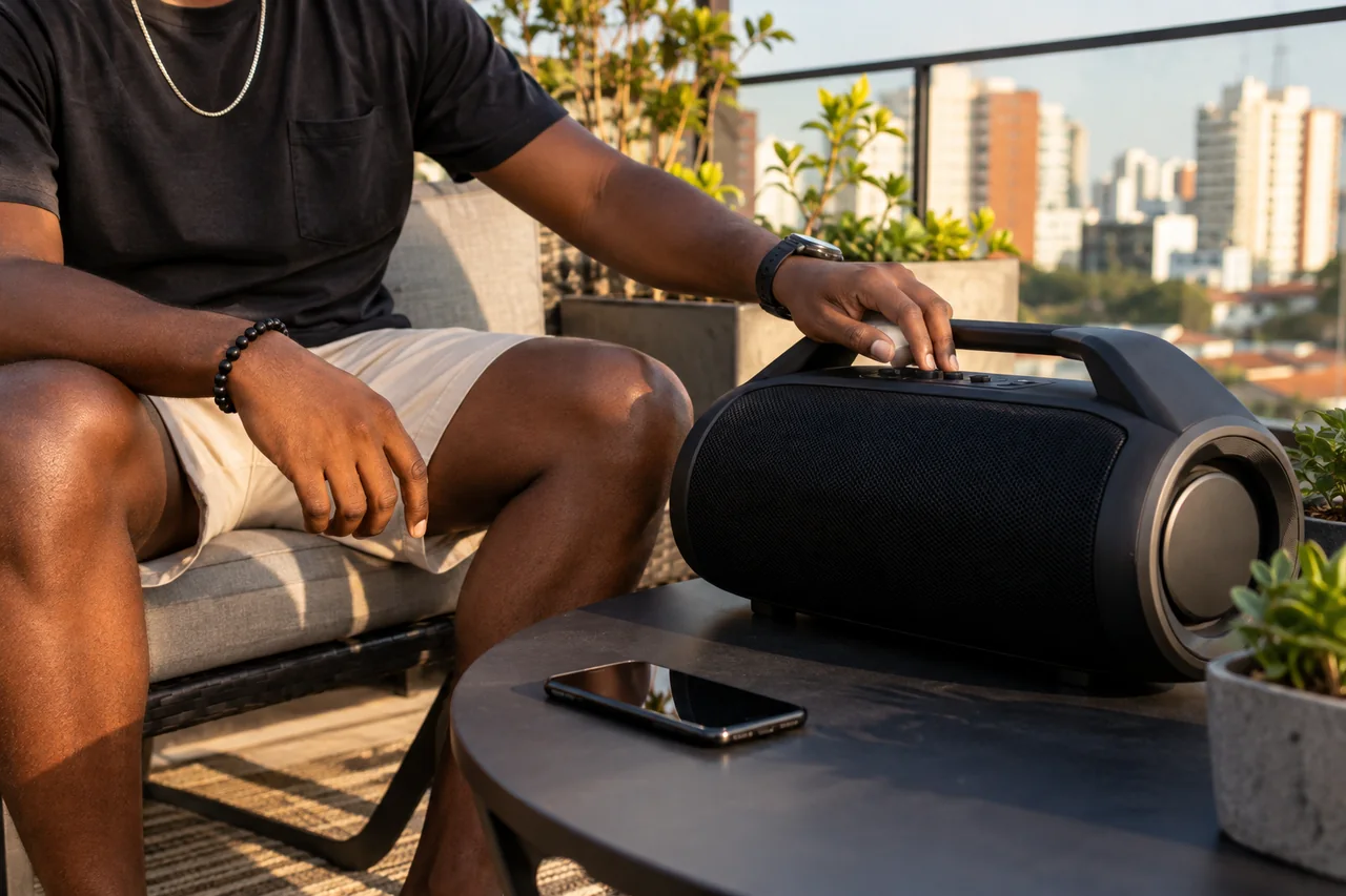 Caixa de som Bluetooth em um ambiente de uso cotidiano.