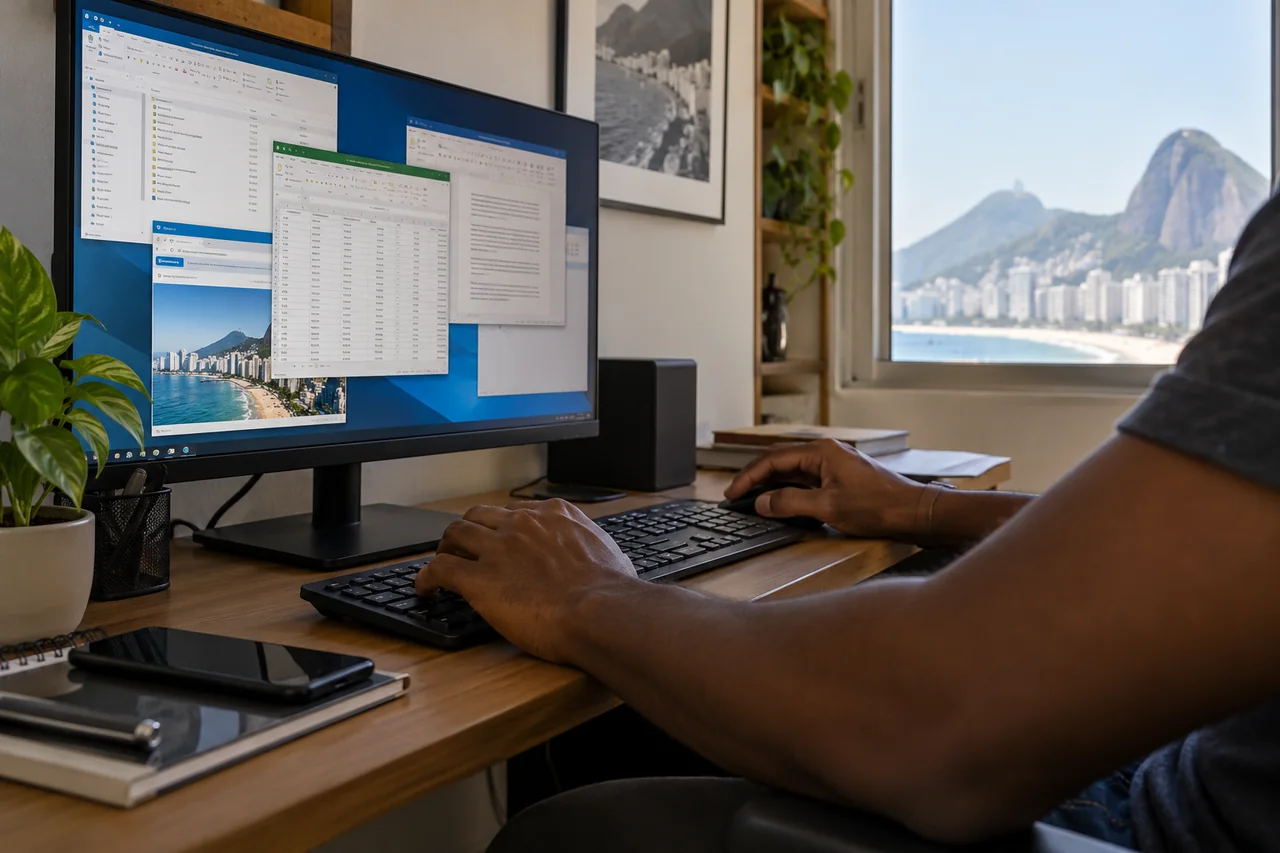 Computador de mesa em um ambiente de uso cotidiano.