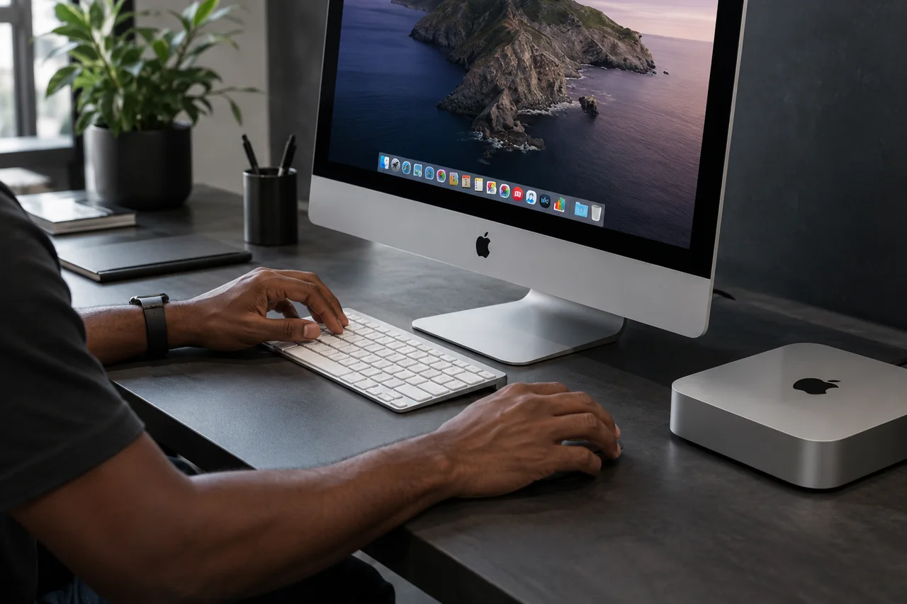 IMac e Mac mini em um ambiente de uso cotidiano.