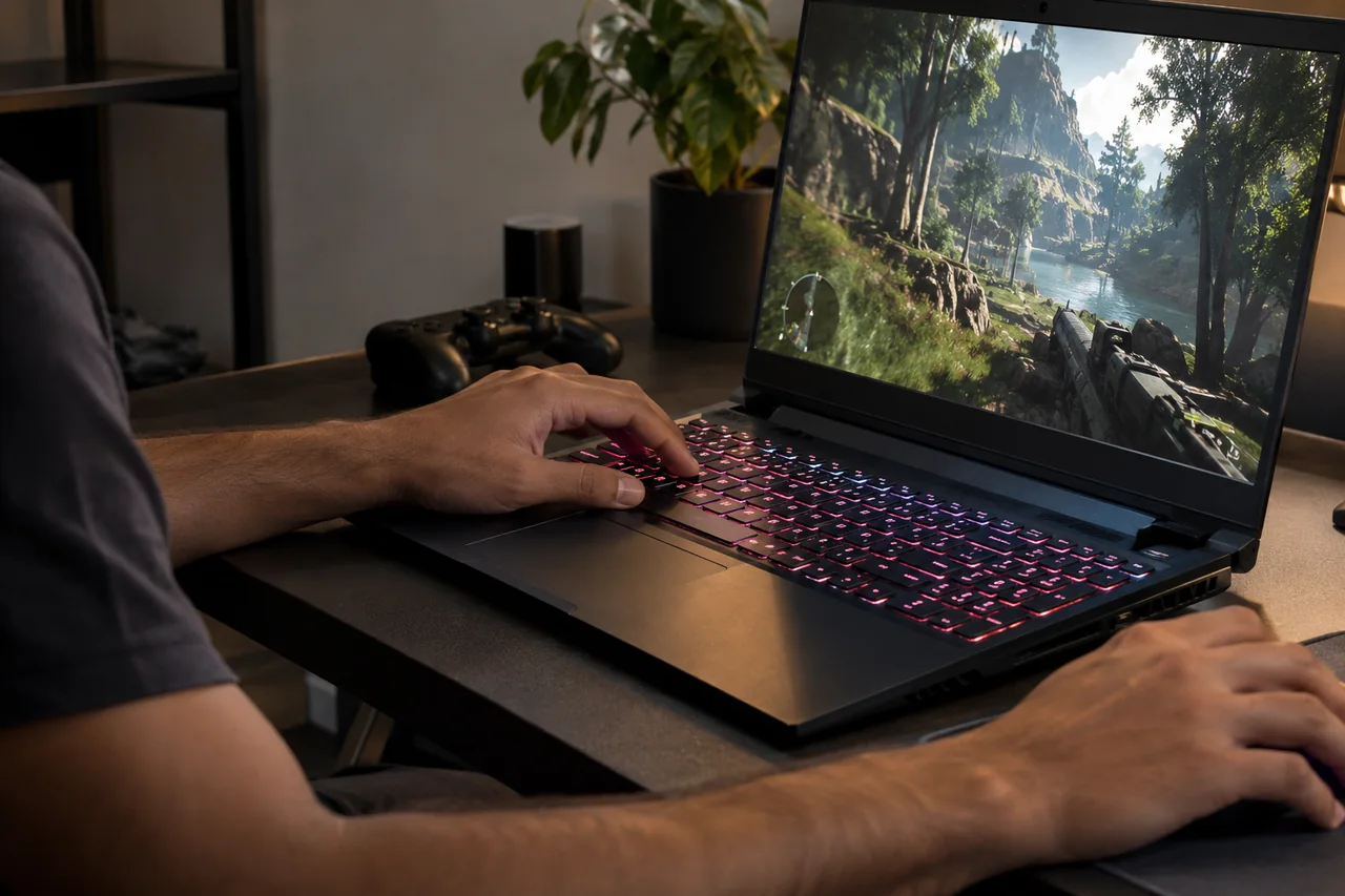 Notebook gamer em um ambiente de uso cotidiano.