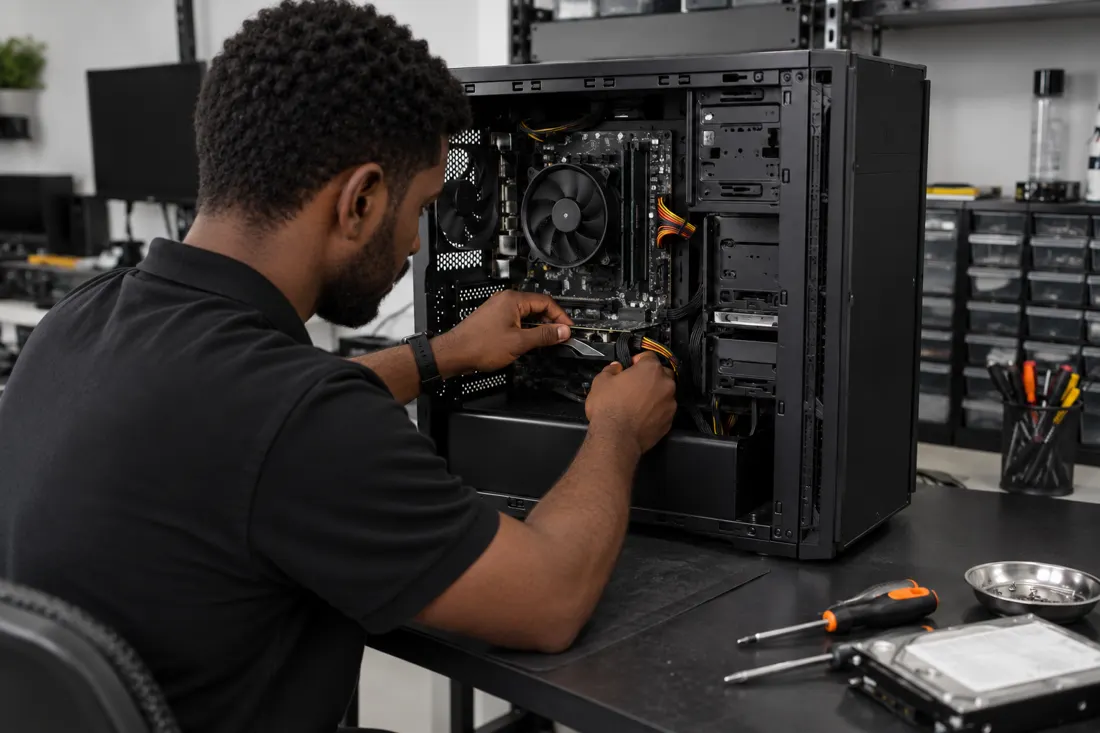 Técnico trabalhando em computador de mesa aberto